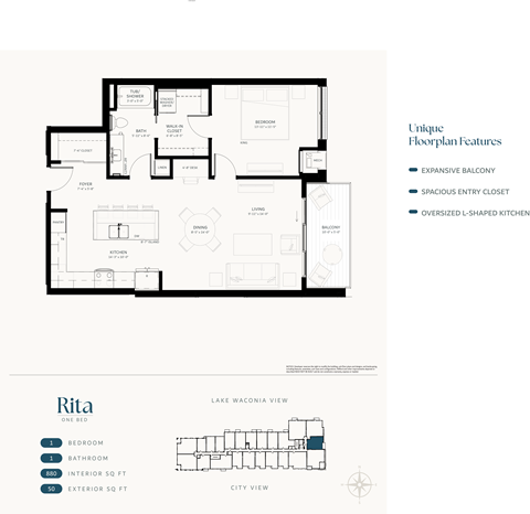 Floor plan for 1 bed, 1 bath, 880 sqft